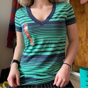 Mossimo Supply Co. Green and Black Striped V-Neck Tee